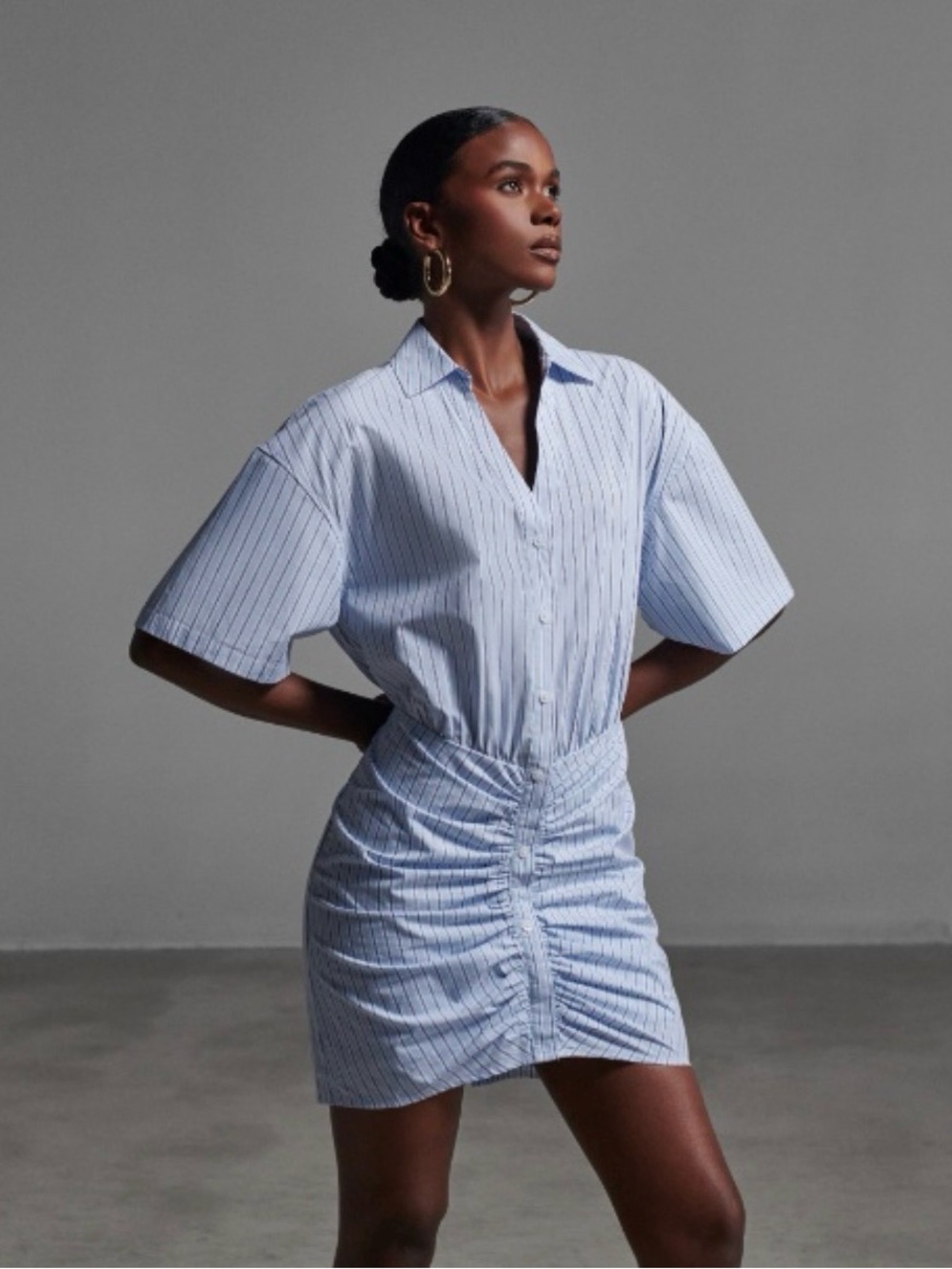 Mini Shirt Dress with Ruched Waist in Light Blue Stripe